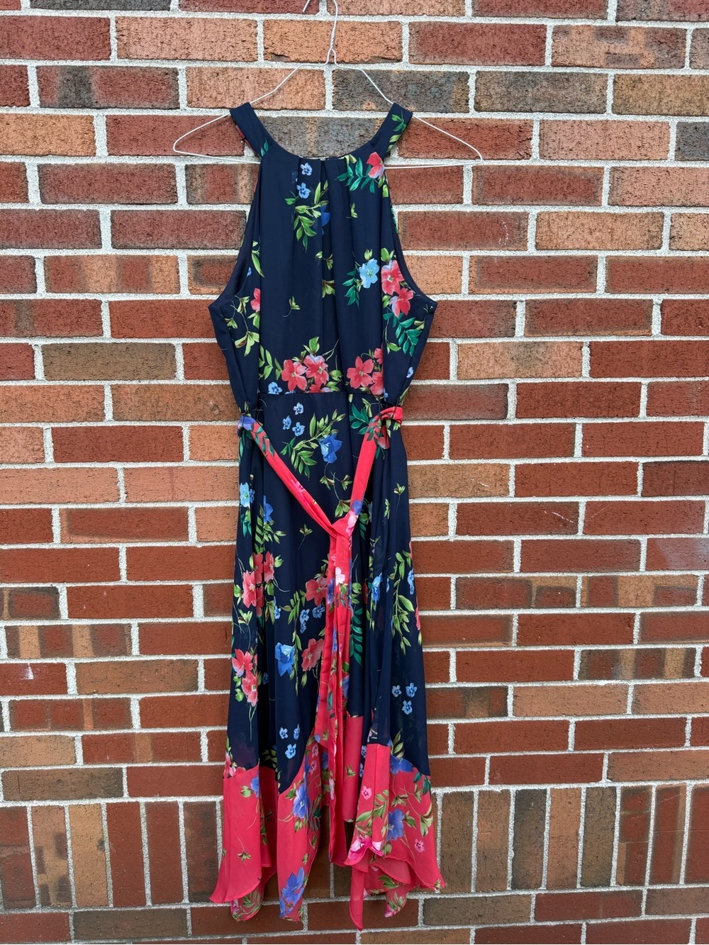 Jessica Howard Navy Floral High Neck Handkerchief Hem Midi Dress Petite 12P